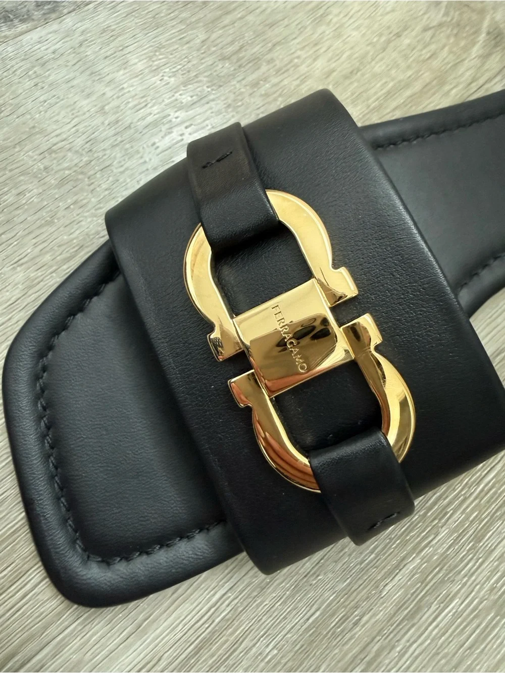 Ferragamo Black Gancini Flat Sandals | Size 6 / 36